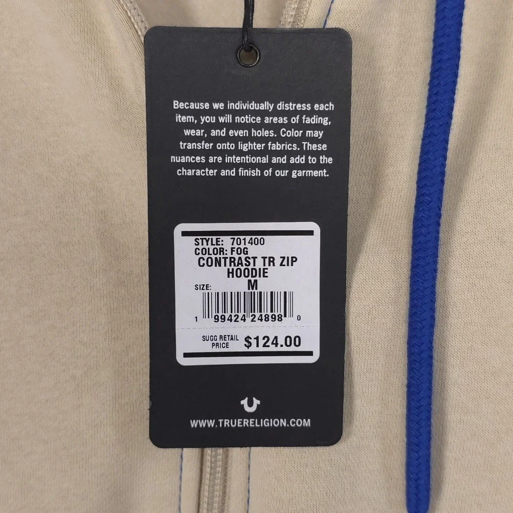 TRUE RELIGION Men's New MEDIUM Full Zip Hoodie Fog Beige Buddha Guitar 701400